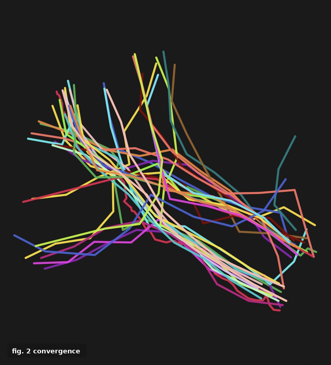Data visualization of GPS route segments converging from multiple Walking With sessions